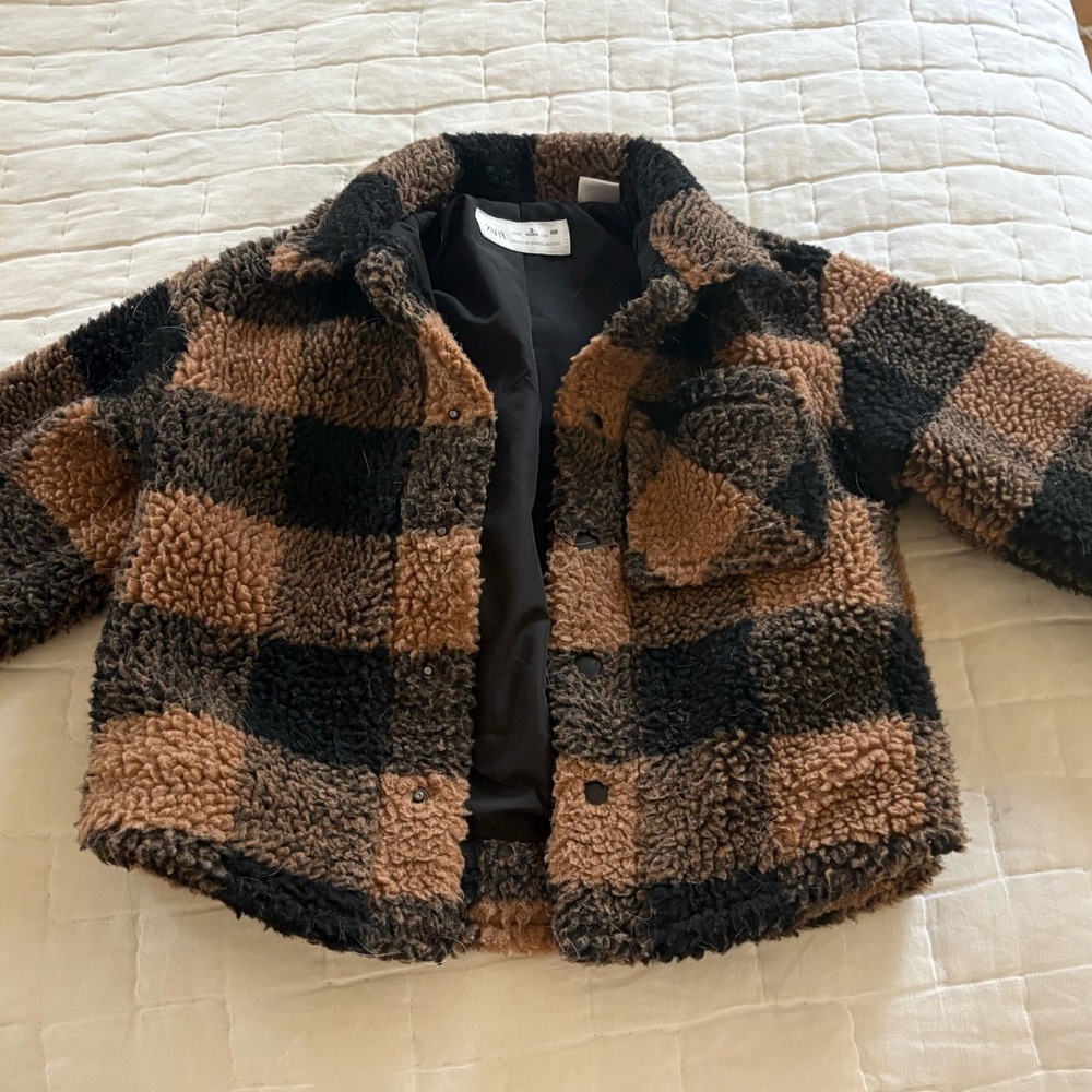 Zara Kids Black and Brown Plaid Fleece Jacket